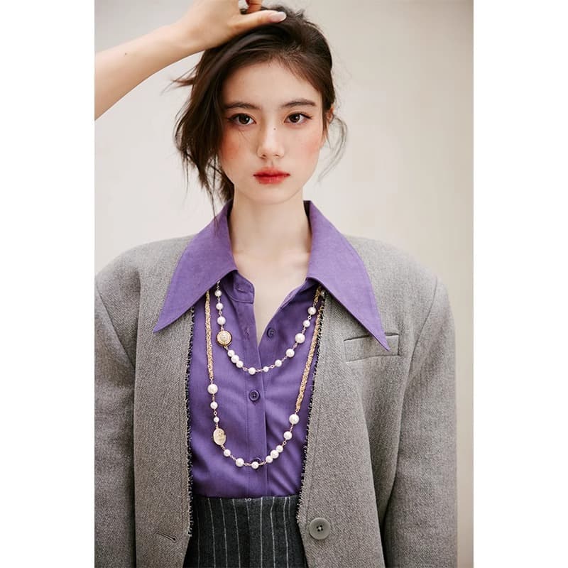 Blogger Style Commuter Purple Velvet Pointed Collar Shirt