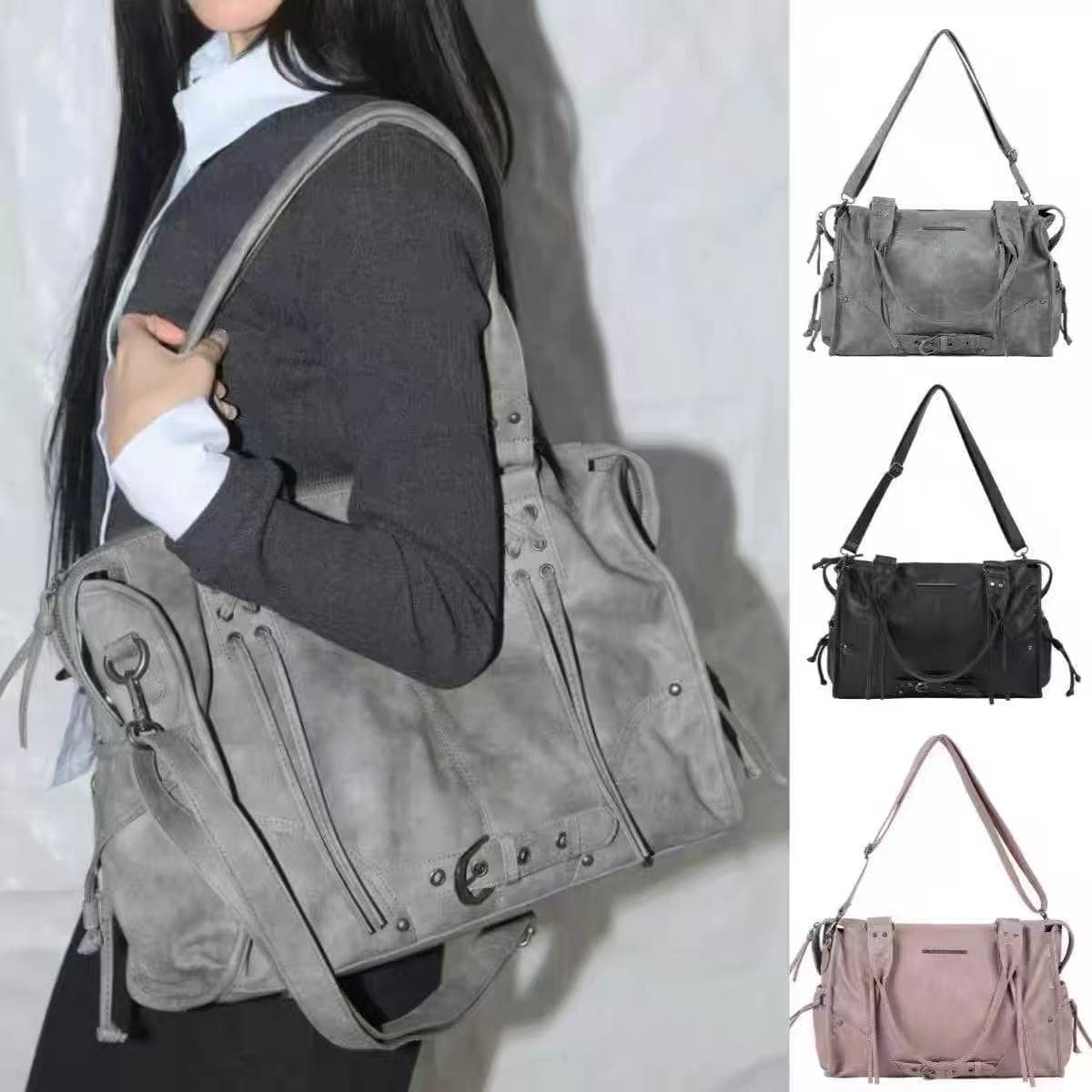 Korean Niche FANCY CLUB Large Capacity Retro Tote Bag with Rivet Straps Motorcycle Bag for Women
