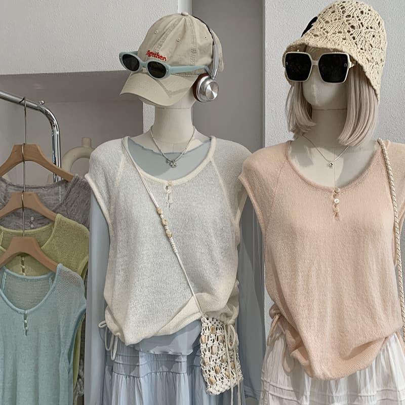 Omalai Raglan Sleeve Round Neck Solid Color Drawstring Hem Short Sleeve Mohair Soft Knit Top for Women 7083