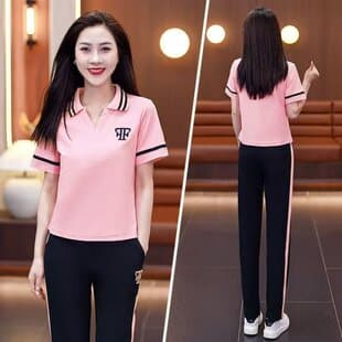 Fashionable Women's Sportswear Set Summer New Trendy Age-Defying Polo Neck Short Sleeve Capri Pants Running Suit Two-Piece Set