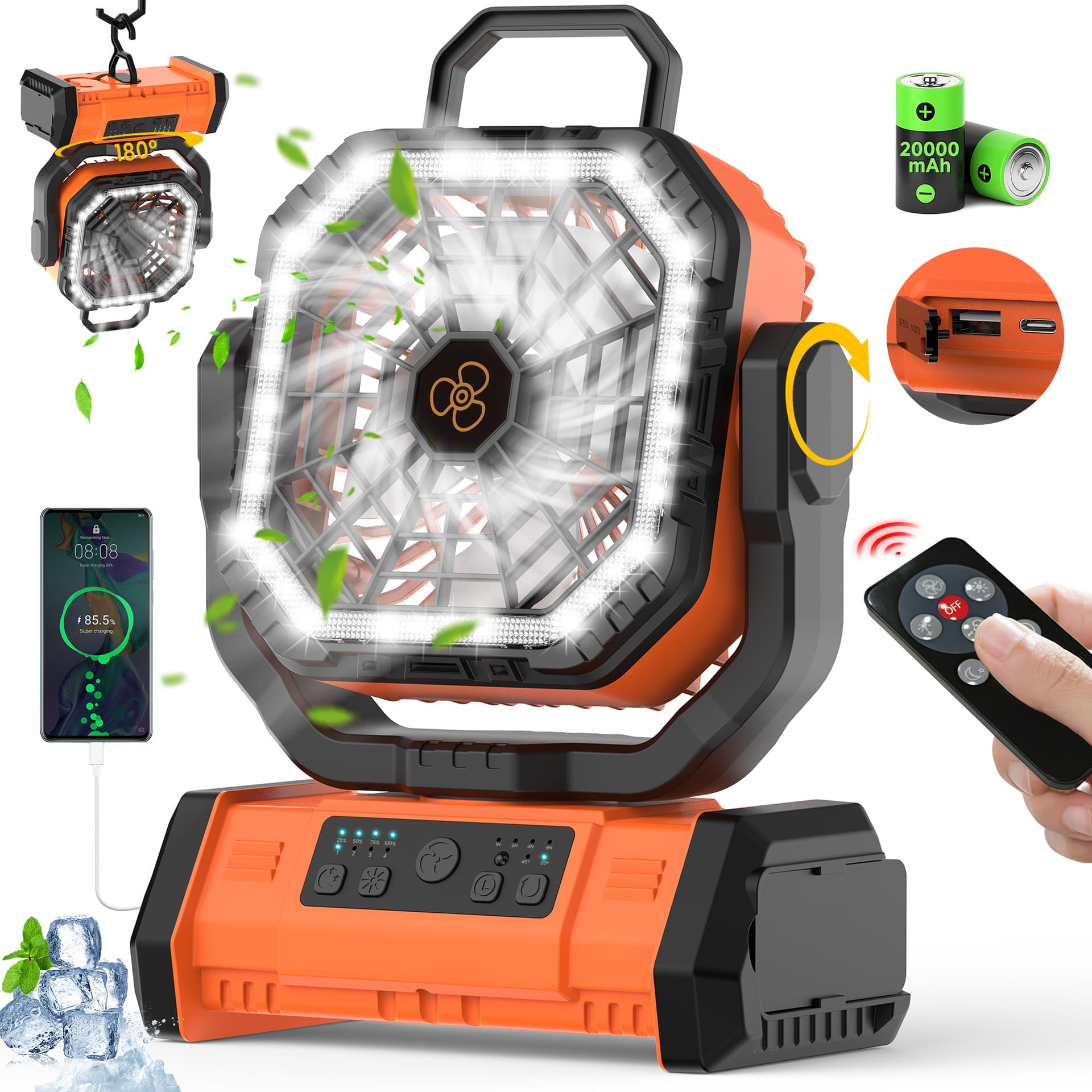 2026 New Product Cross-border Fan Outdoor USB Rechargeable 20,000mAh Camping Fan Portable Remote Control Oscillating Fan