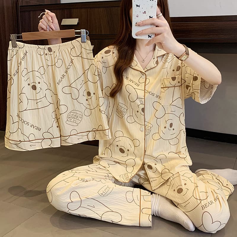 2026 Bear Cute Cartoon Pajamas Women's Spring/Autumn Thin Three-Piece Set Sweet Casual Loungewear Wearable Outside