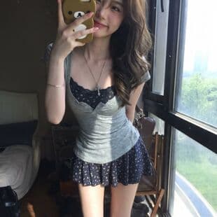 Waist-Cinching Floral Print Camisole Dress Set for Women, Summer Layering Short Sleeve Top Atmosphere Two-Piece Set Trendy