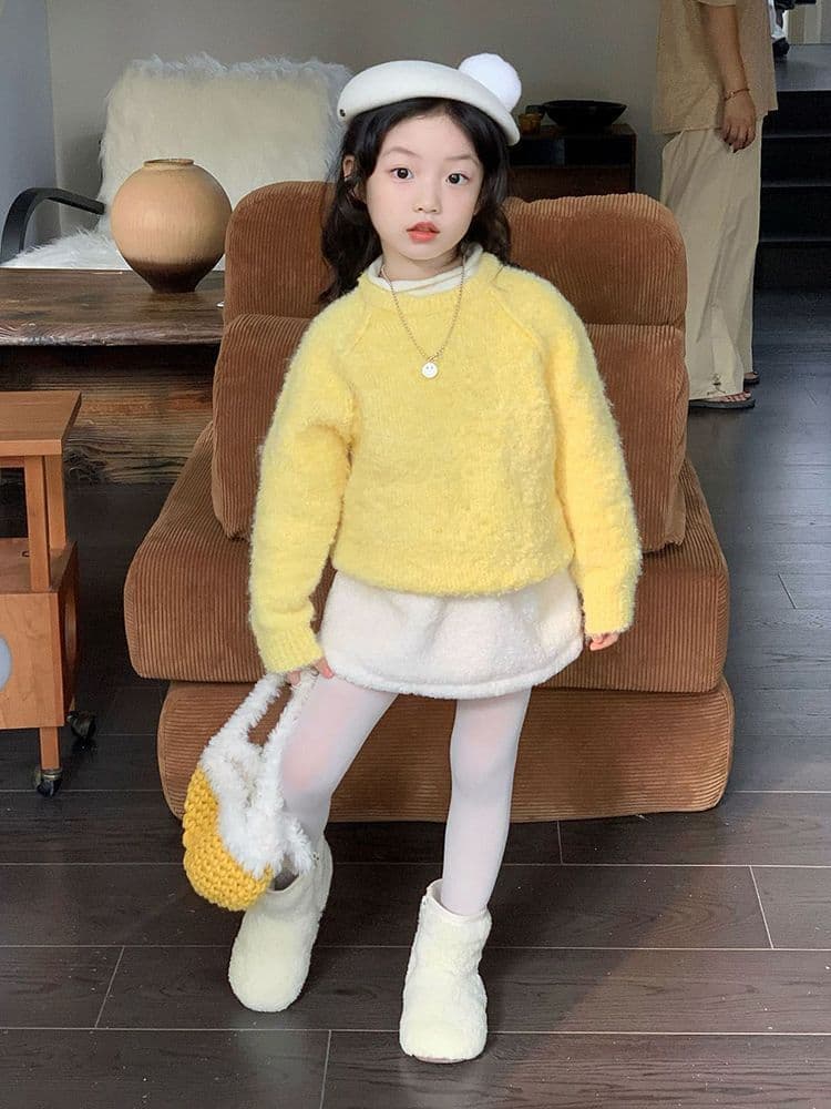 Korean Style Girls' Cute 2024 Fall/Winter New Warm Yellow Plush Top Baby White Versatile Plush Skirt