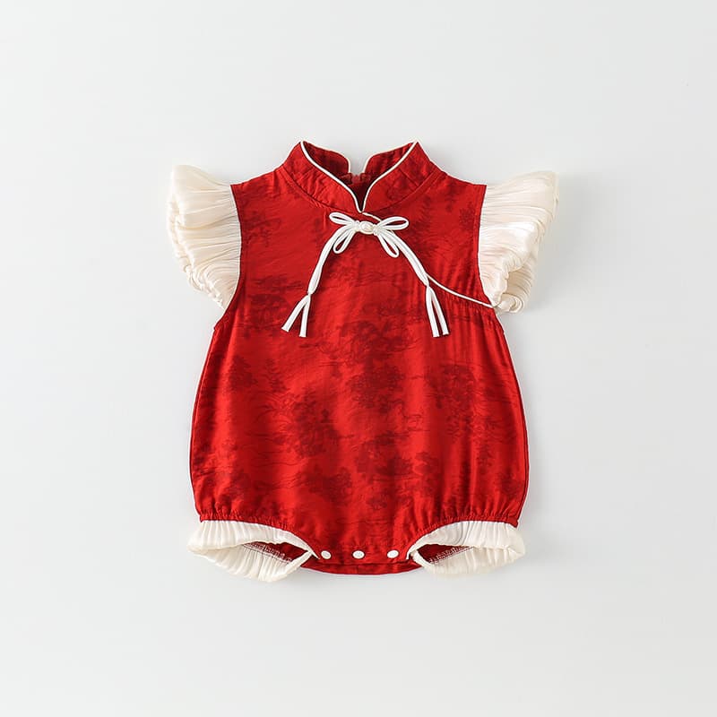 Baby Girl Summer Romper Chinese Style Birthday Outfit for 100 Days Celebration Photo Shoot Onesie for 1-Year-Old