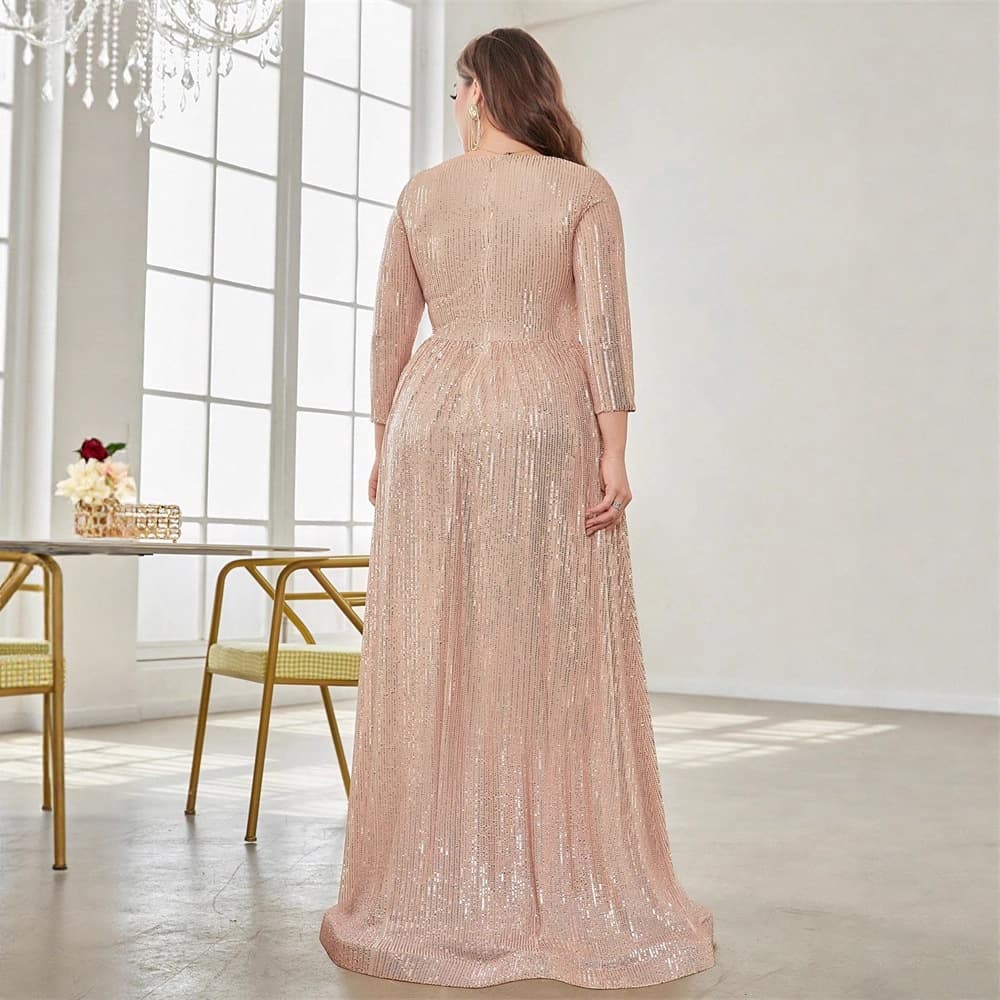New Amazon Cross-border Plus Size Sequin Long Sleeve V-Neck Elegant Long Dress for Banquet Party Gown