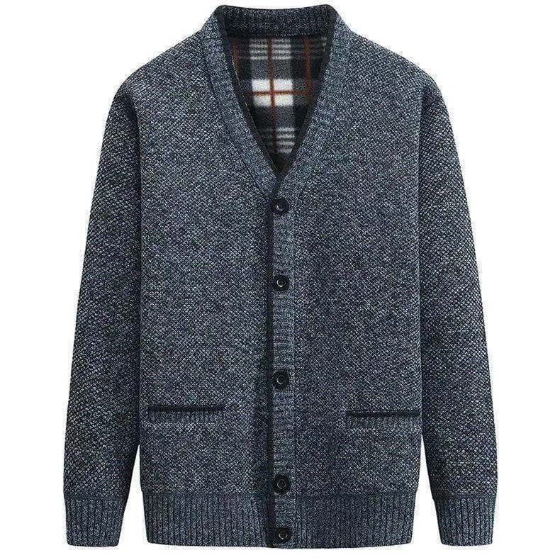 Drop Shipping Winter Middle-Aged Men's Fleece-Lined Sweater Cardigan Thickened V-Neck Elderly Dad Outfit Knit Jacket