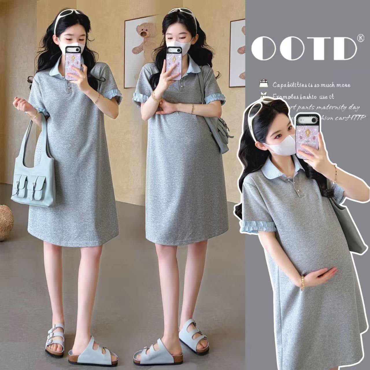 New Summer Maternity Dress, Stylish Slimming Striped Polo Neck Knit T-Shirt Dress