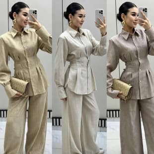 Amazon Cross-border 2026 Autumn New Women's Long Sleeve Waist Striped Top and Wide Leg Pants Two-Piece Set