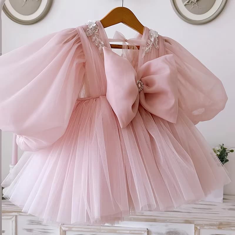 Girls pink princess dress autumn and winter tutu skirt bow dress dress children birthday party dress