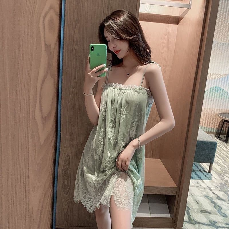 Sling Nightgown Women's Ice Silk Short Thin French Style Sexy Charming Lace Pajamas Women's Summer Boyfriend Home Clothes