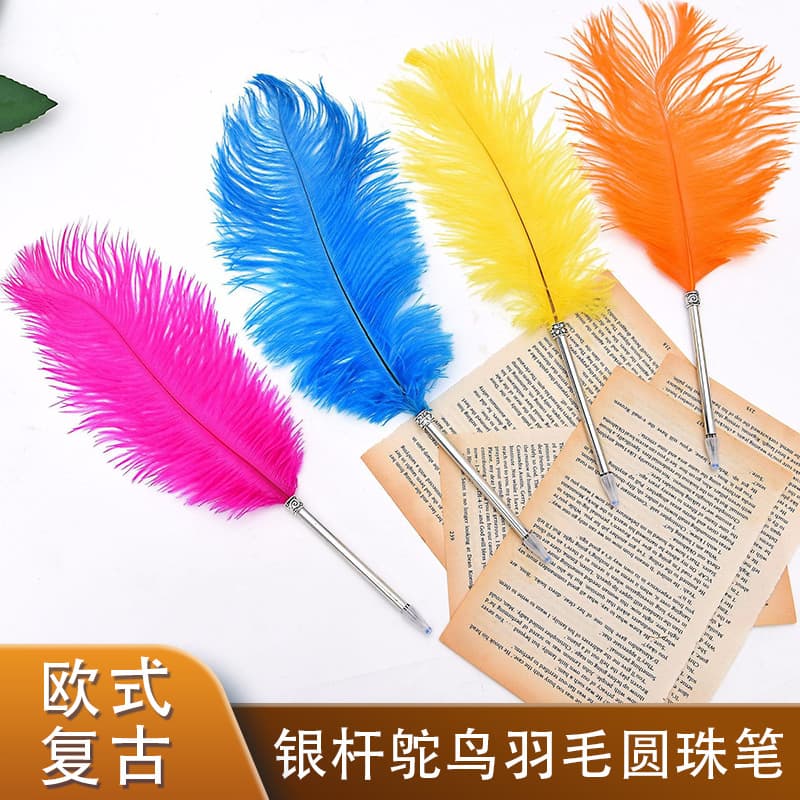 European Retro Silver Pole Ostrich Feather Ballpoint Pen Christmas Wedding Signature Gift Pen Source Manufacturer Wholesale Promotion
