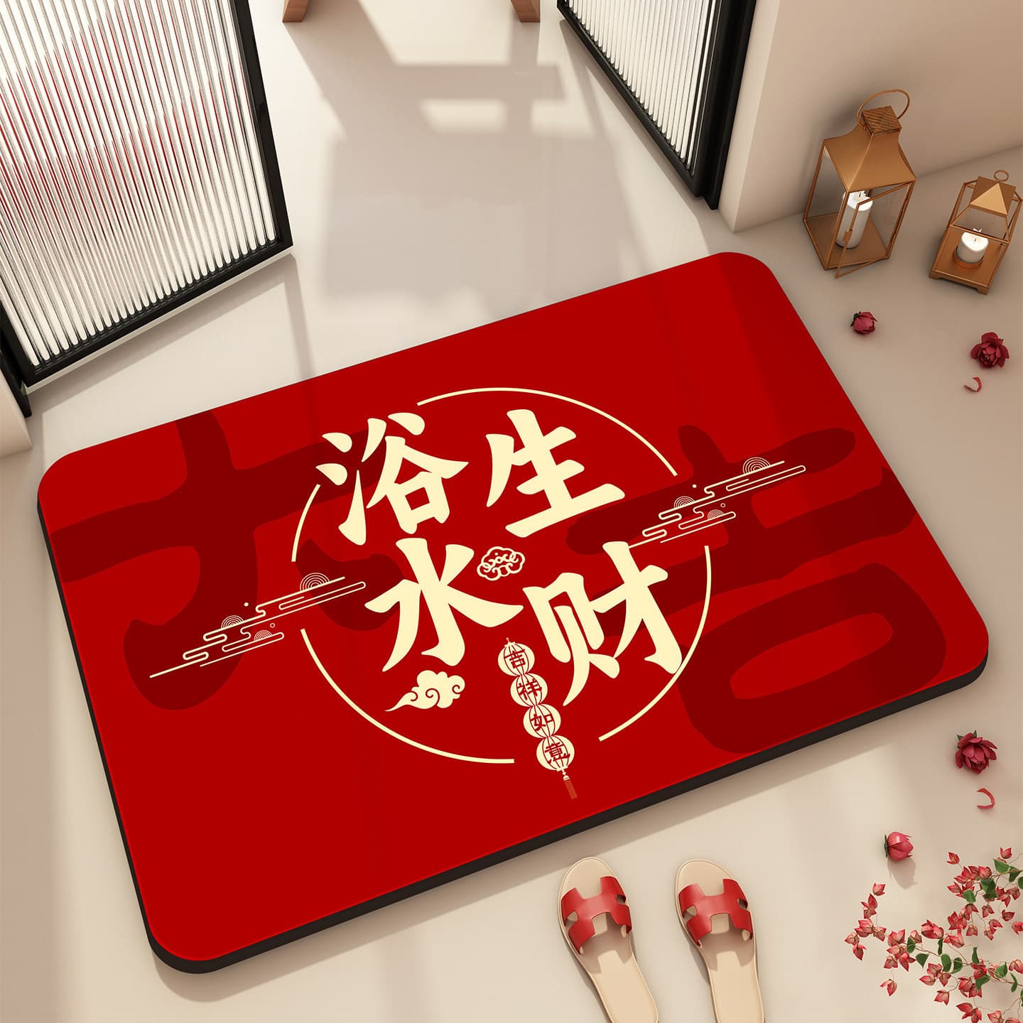 Bathroom Doorway Mat Festive Red Bathroom Diatom Mud Non-Slip Foot Mat Absorbent Quick-Dry Mat Bathroom Carpet