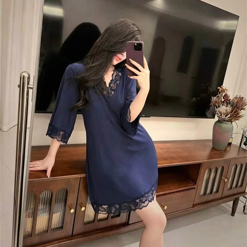 Women's Sleep Dress for Spring, Summer, and Fall - Modal Mid-Sleeve Nightgown with Lace Trim, Built-in Pads, Plus Size Loose Fit, Thin Home Dress