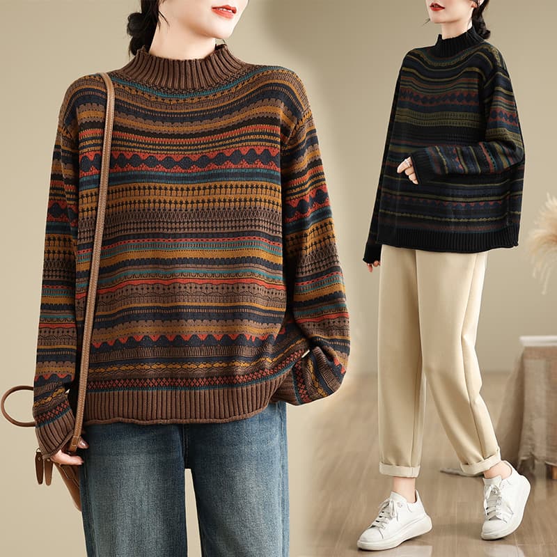 2025 Autumn New Casual Pullover Long-Sleeve Sweater Half Turtleneck Ethnic Print Plus Size Knitwear for Women