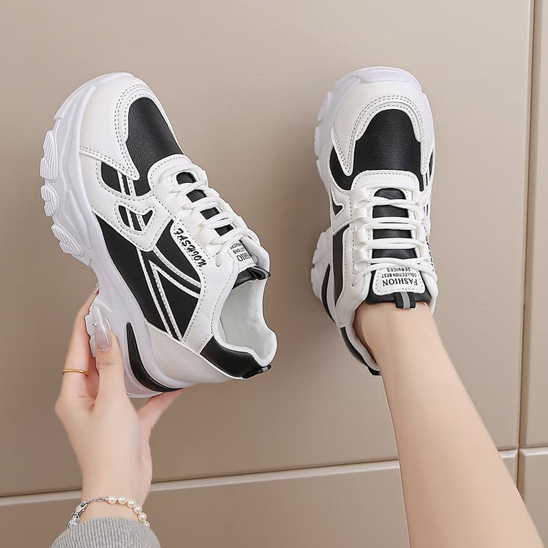2026 Women's Outdoor Heightening White Shoes Wedge Thick Sole Color Block Casual Sports Shoes