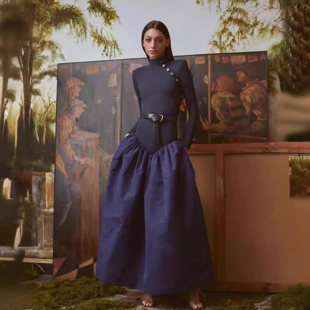 European and American autumn dress long sleeve gradient color women's long solid color women's long skirt clothes