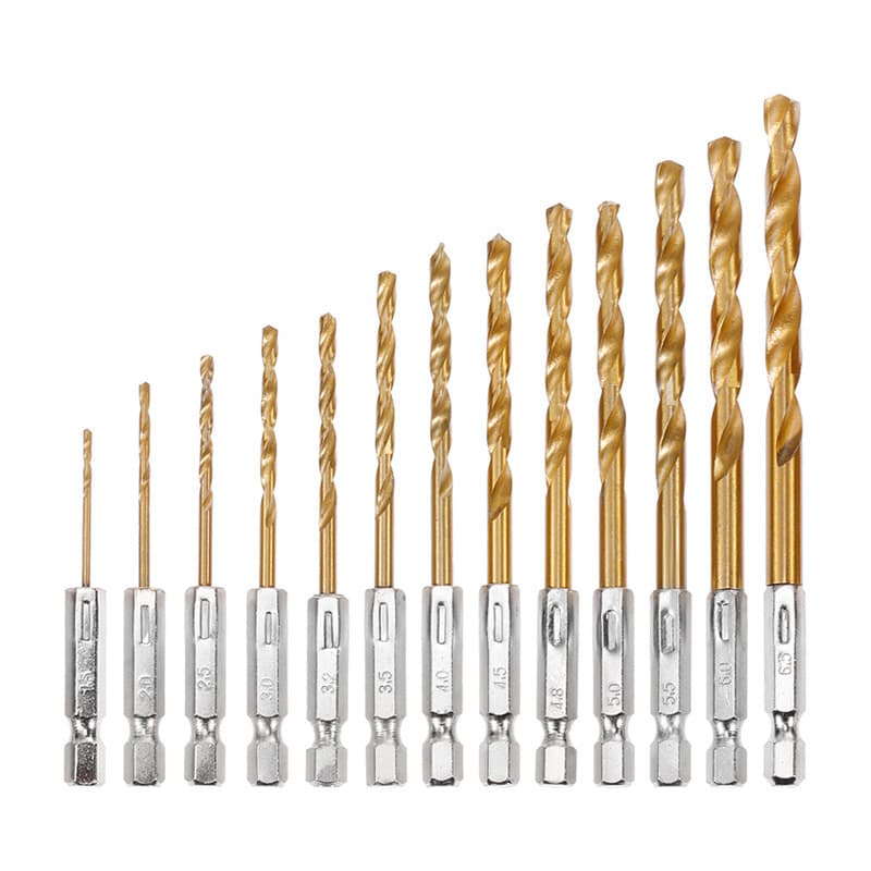 13pcs Hex Shank Twist Drill Bits Set, High Speed Steel, Titanium Coated, for Wood and Plastic Drilling