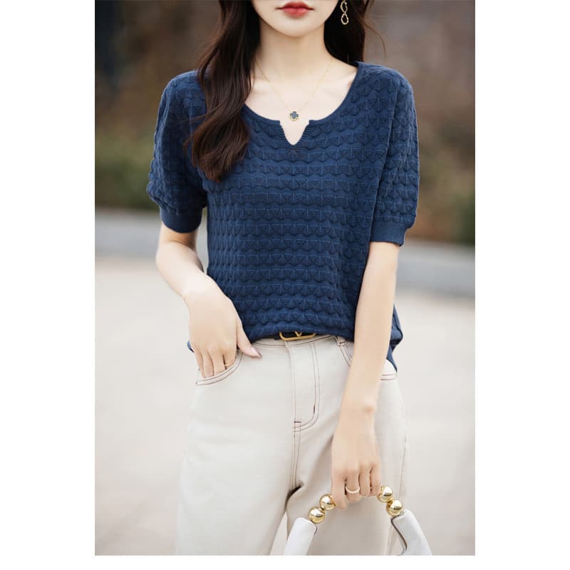Spring/Summer V-Neck Cotton Knit Top for Women, Round Neck Hollow Out Knitted Medium Sleeve Short Sleeve T-Shirt, Loose Fitting Slimming Blouse
