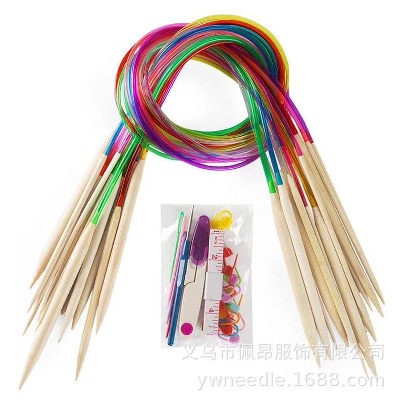 Colorful Tube Bleached Double-pointed Bamboo Circular Knitting Needles Yarn Needles Sweater Needles 80CM Set of 18 Sizes KN009