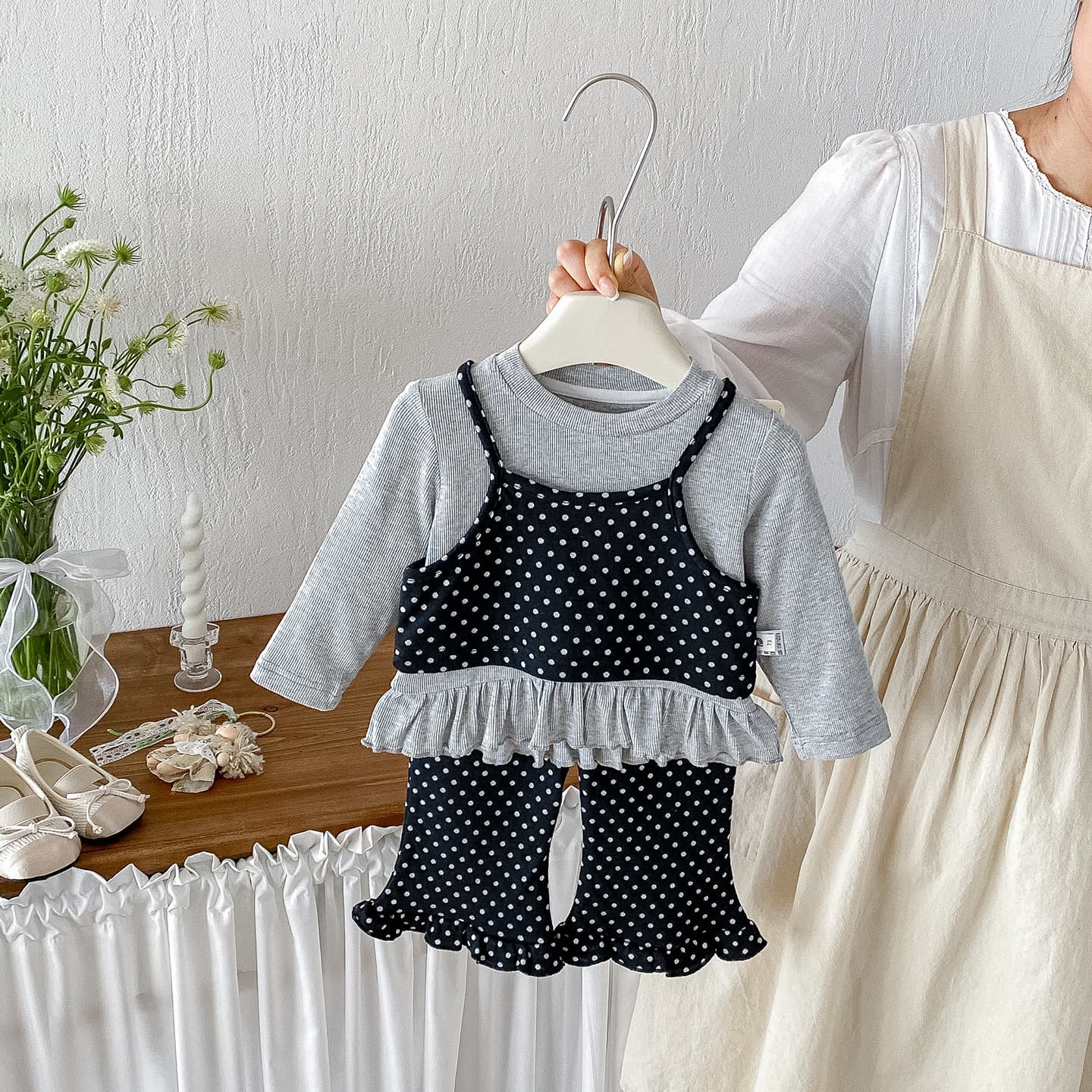 Dianxi's new autumn style sweet fake two-piece polka-dot tops for infants and young children, two-piece set of bell-bottom pants for baby girls with fungus edges
