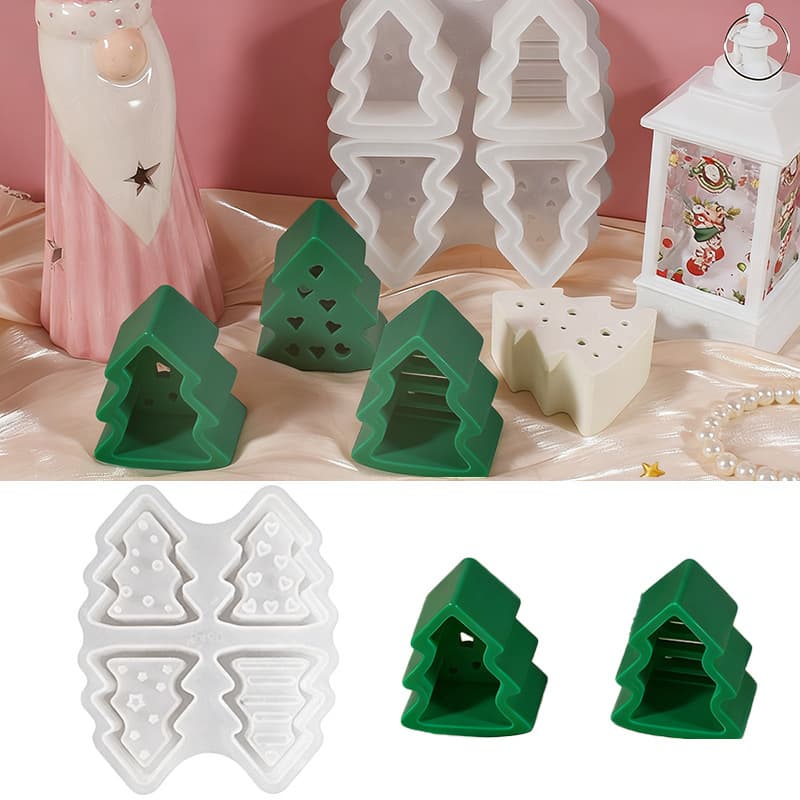 DIY Resin Mold 4-Connected Christmas Tree Mold, Ambient Light Christmas Tree Shape Decoration Plaster Silicone Mold Cross-border