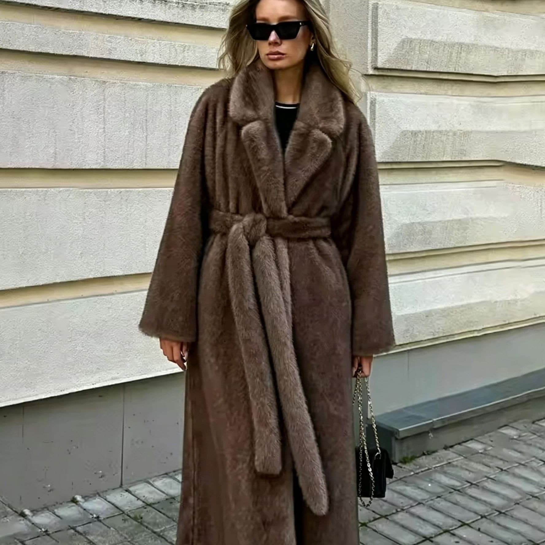 Cross-border European and American Feng Shui Mink Imitation Faux Fur Coat for Women, Long Length, Eco-friendly Fur, Thickened Warmth, Tie-belt Style