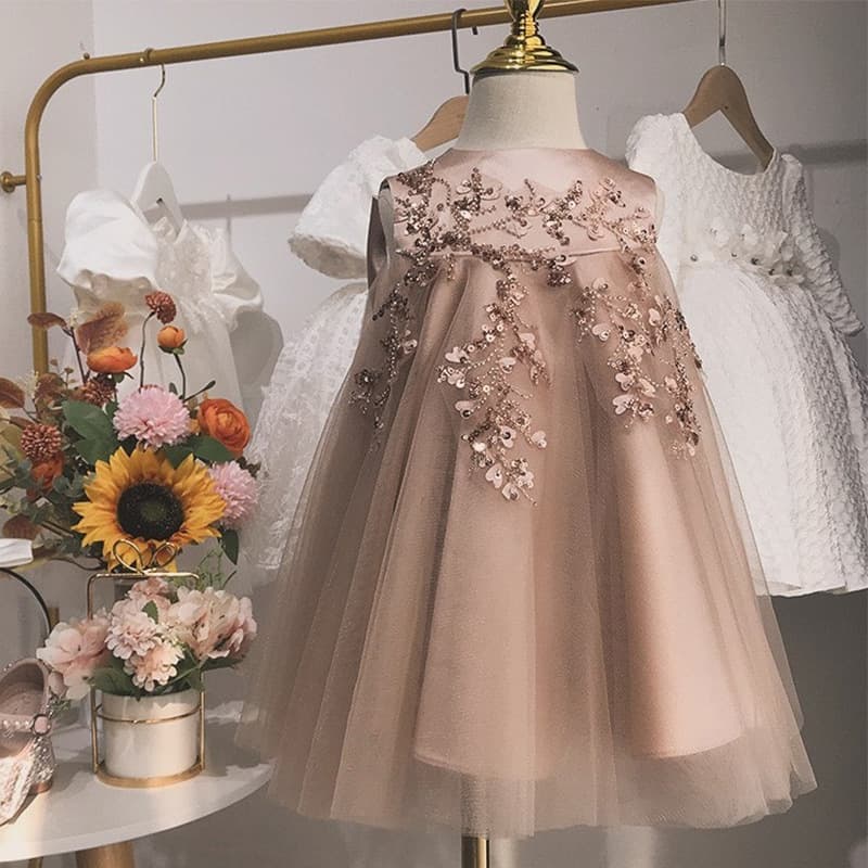 Children's Day Baby First Birthday Dress Girl Korean Style Birthday Flower Girl Wedding Dress Sleeveless Beaded Princess Tulle Skirt