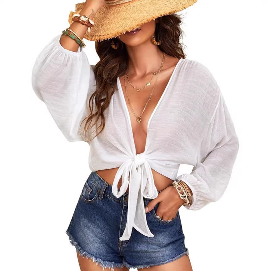 2026 Amazon eBay AliExpress Beach Cover-Up European American Export Solid Bikini Beach Shirt Women Cotton Linen