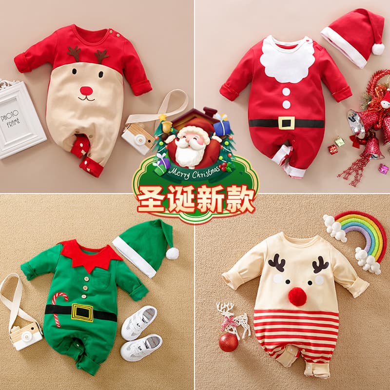 Cross-border Baby Clothes Christmas Santa Red Green Bodysuit Ins Style Reindeer Newborn Romper Christmas