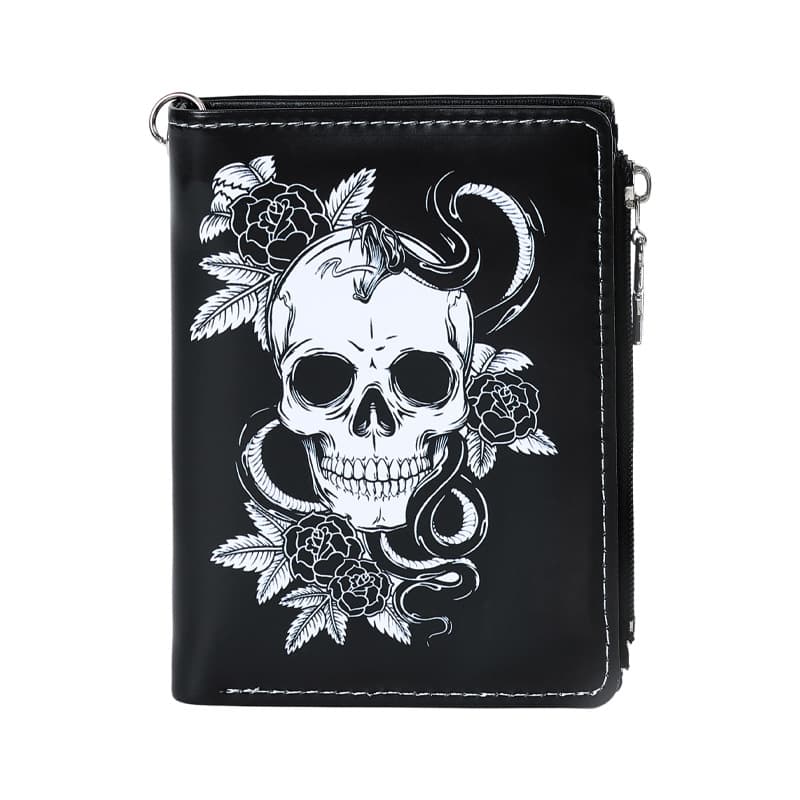 New Dark Skull Print Wallet Punk Style Men's Bifold Wallet Multi-Card Slot Zipper Coin Purse