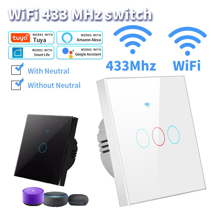 Tuya RF433 Panel EU Standard Single Live/Neutral Wire Universal WiFi Bluetooth Smart Remote Tempered Glass Switch 86 Type