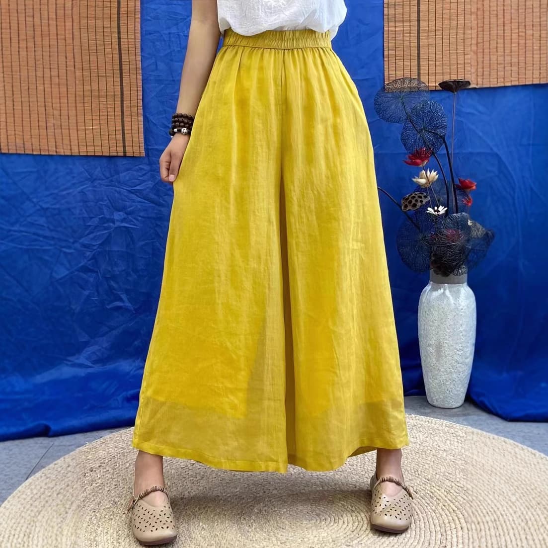 2026 Spring/Summer Ramie Double-Layer Versatile Casual Pants for Women Artistic Flowy High-Waist Fine Linen Wide-Leg Pants Versatile Skirt Pants