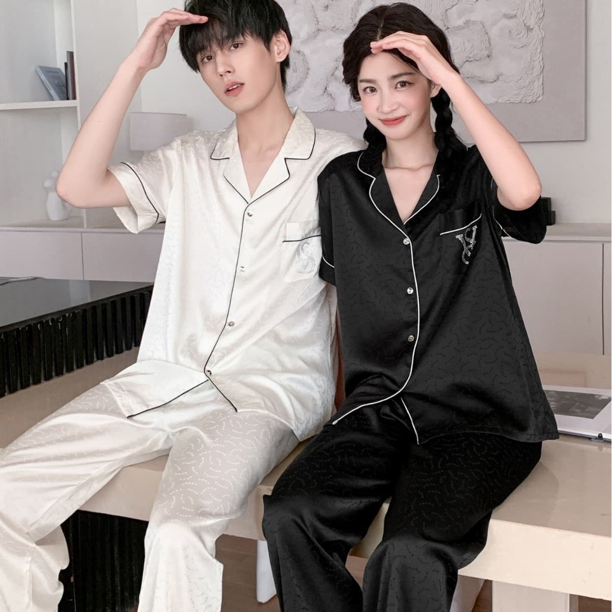Summer New Men's and Women's Pajamas Short Sleeve Ice Silk Jacquard Fabric Thin Homewear Plus Size Couple Set