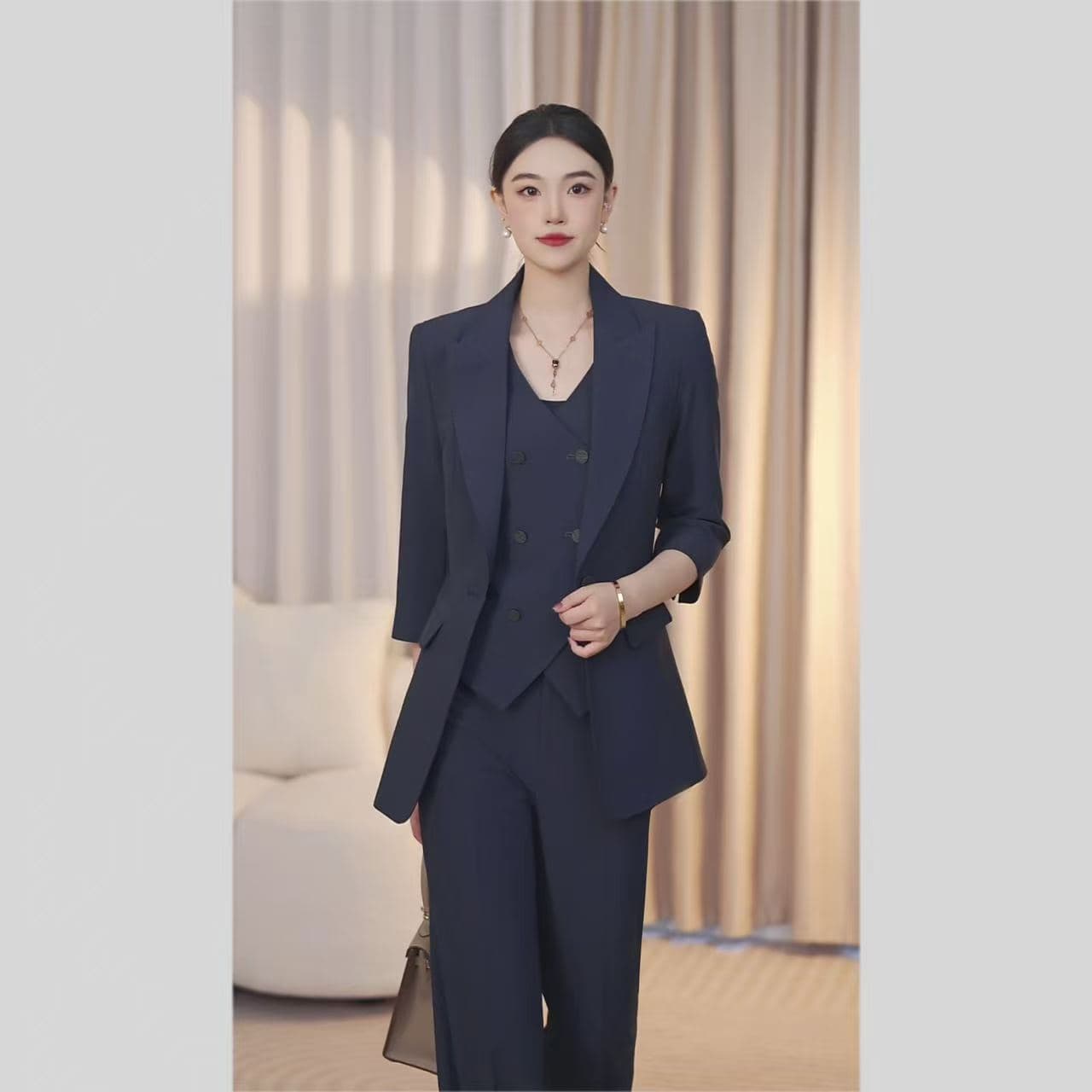 Dark Blue Three-Quarter Sleeve Suit Set Women's Premium Elegant Office Style Professional Blazer Formal Casual Summer