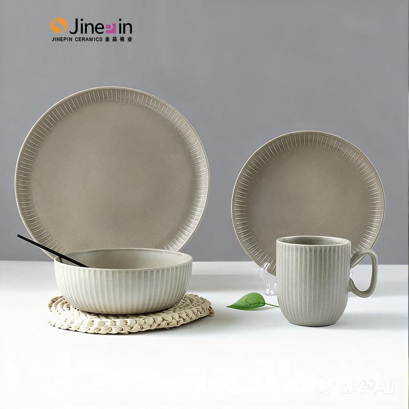 High-Temperature Ceramic Vertical Grain Dinnerware Set, Gray Matte Glazed Bowls, Plates, and Cups, Microwave and Dishwasher Safe, Export Source