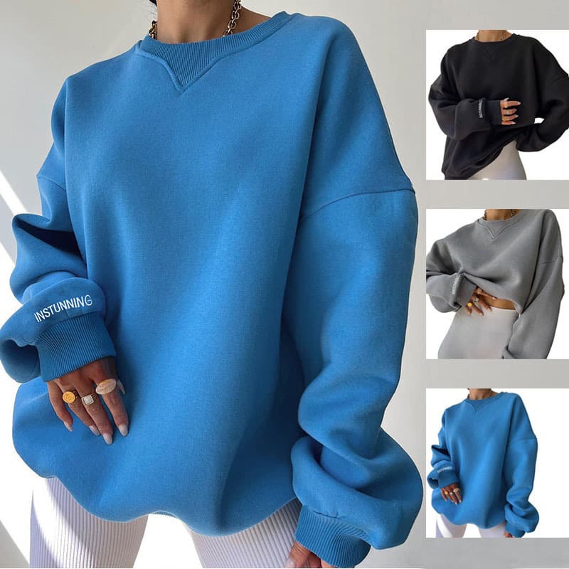European and American loose-fit versatile solid hoodie for women, casual commuting printed autumn top, stylish and relaxed hoodie