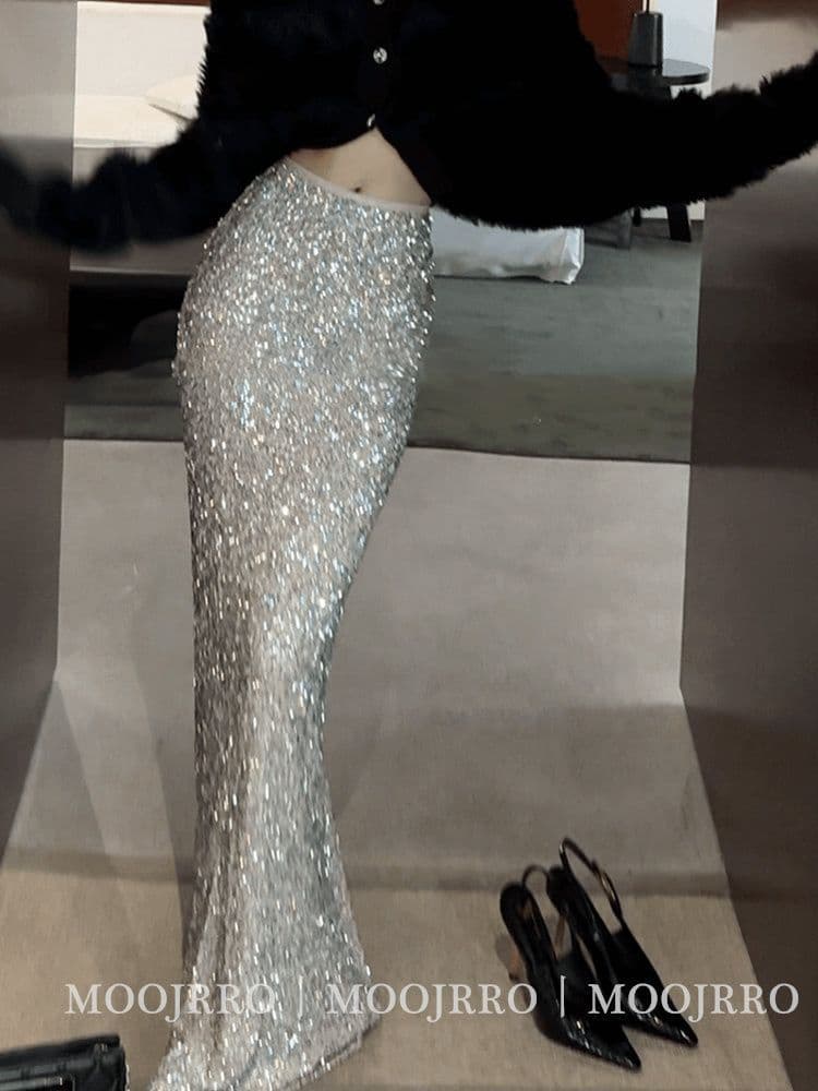 Plus-size French silver sequin sparkling high-waist midi skirt petite feel elegant versatile fishtail bodycon skirt