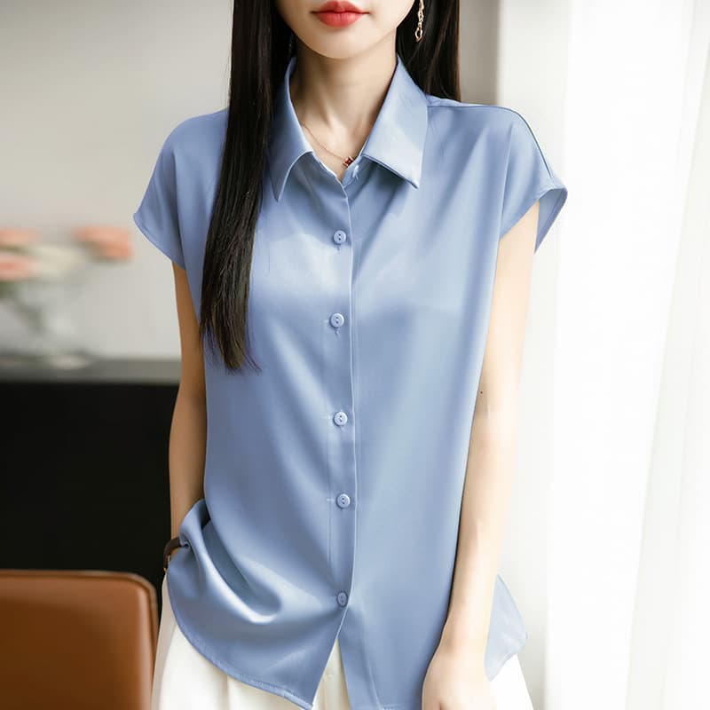 Silk Satin 25 Spring/Summer New Women's Wear Polo Collar Short Fashion T-Shirt Thin Base Layer Anti-Aging Short Sleeve
