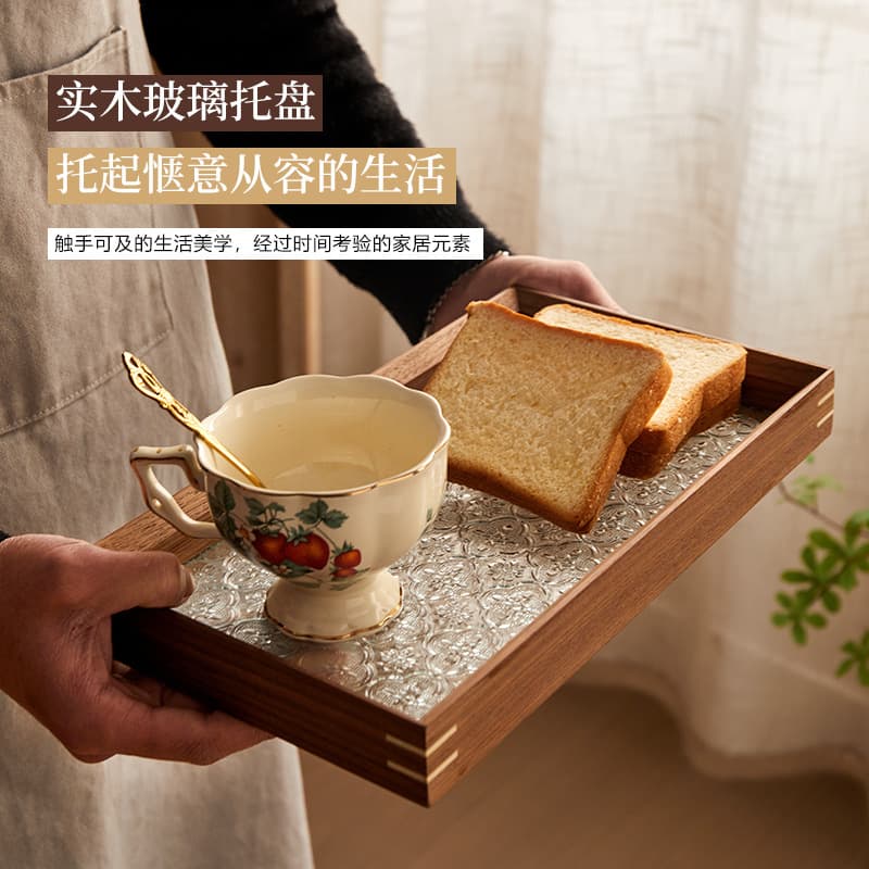 Retro high-end begonia flower glass tray household square North American black walnut color creative tea tray snack tray