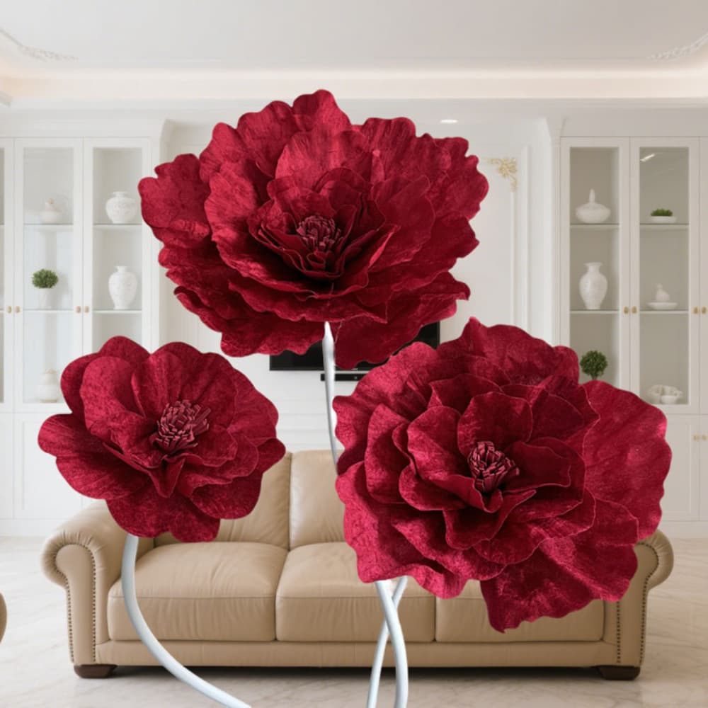 Velvet Peony Wedding Artificial Flowers for Window Display, Floor-Standing Floral Studio Photography Props, Red Artificial Roses
