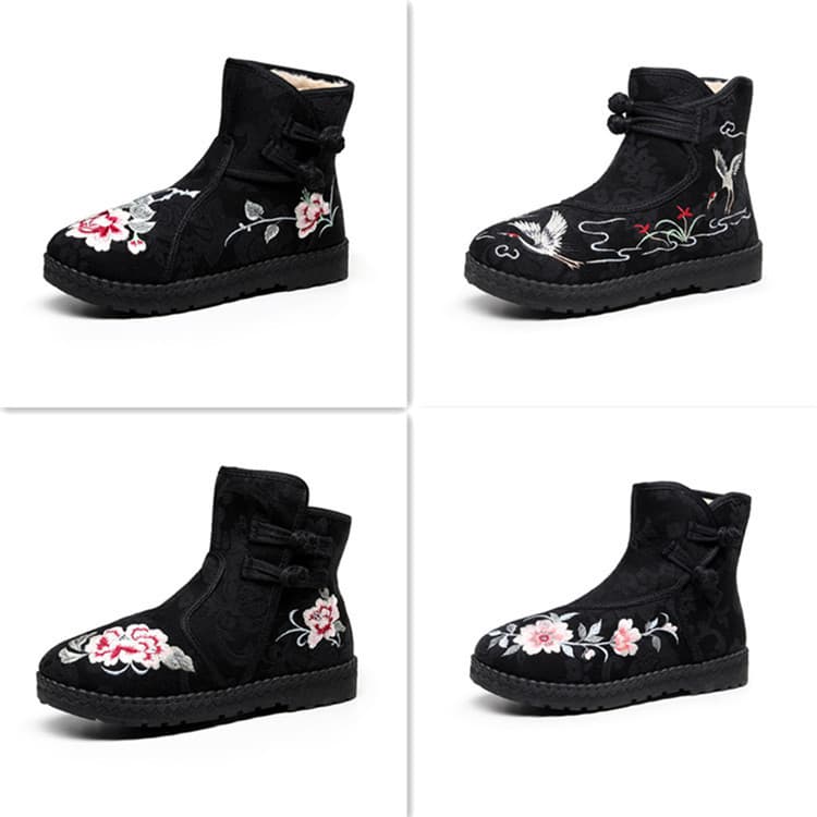 (208 Big Cotton Series) Ethnic Style Embroidered Shoes, Soft-Soled Long Fur Women's Boots, Ancient Style Hanfu Boots, Square Dance Boots
