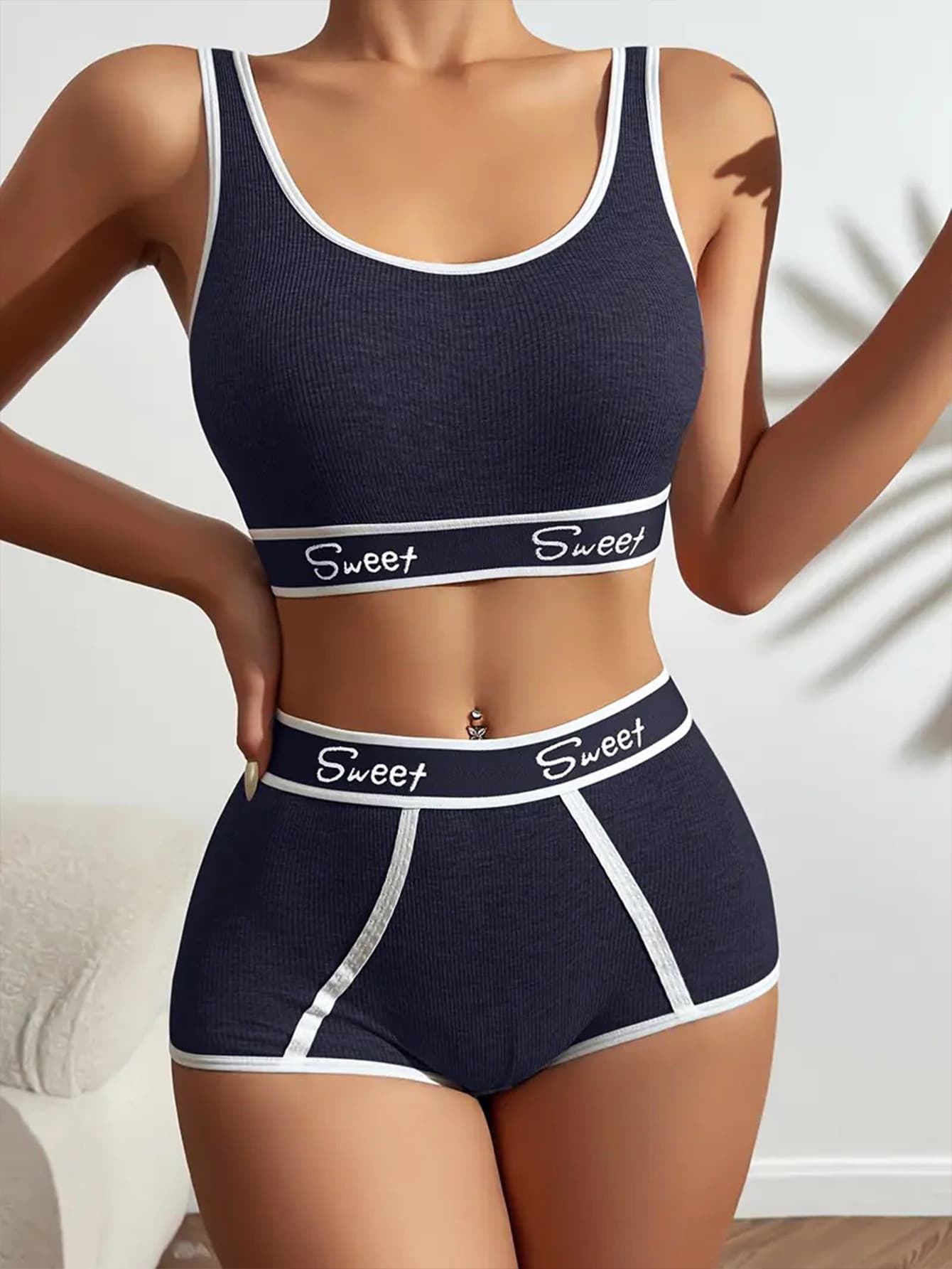 Cross-border EU/US AliExpress Hot Fitness Women's Cotton Wide-Band Letter Print Mid-Waist Teen Sports Bra Set