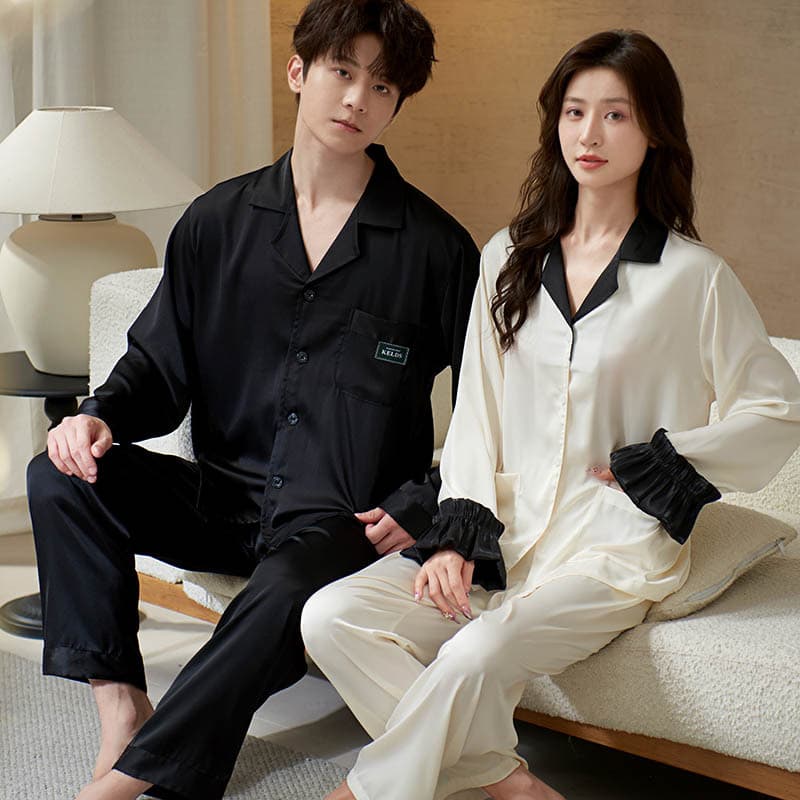 Couple Satin Thin Ice Silk Long Sleeve Homewear Set Women's Flared Sleeve Pajamas Spring Autumn Premium