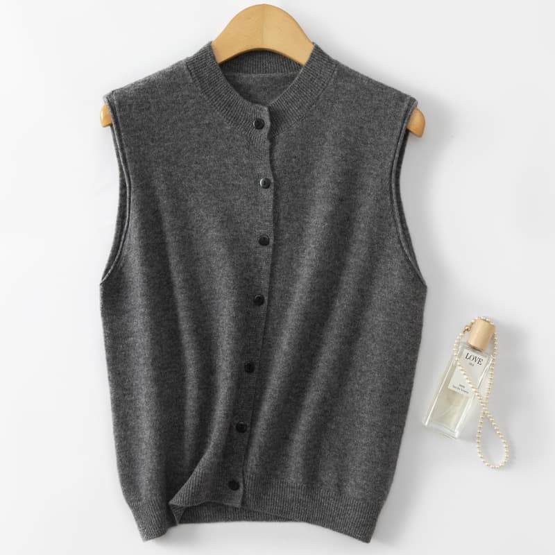 Simple 100% Wool Sleeveless Knit Vest for Women, Round Neck Cardigan, Autumn/Winter Layering Vest