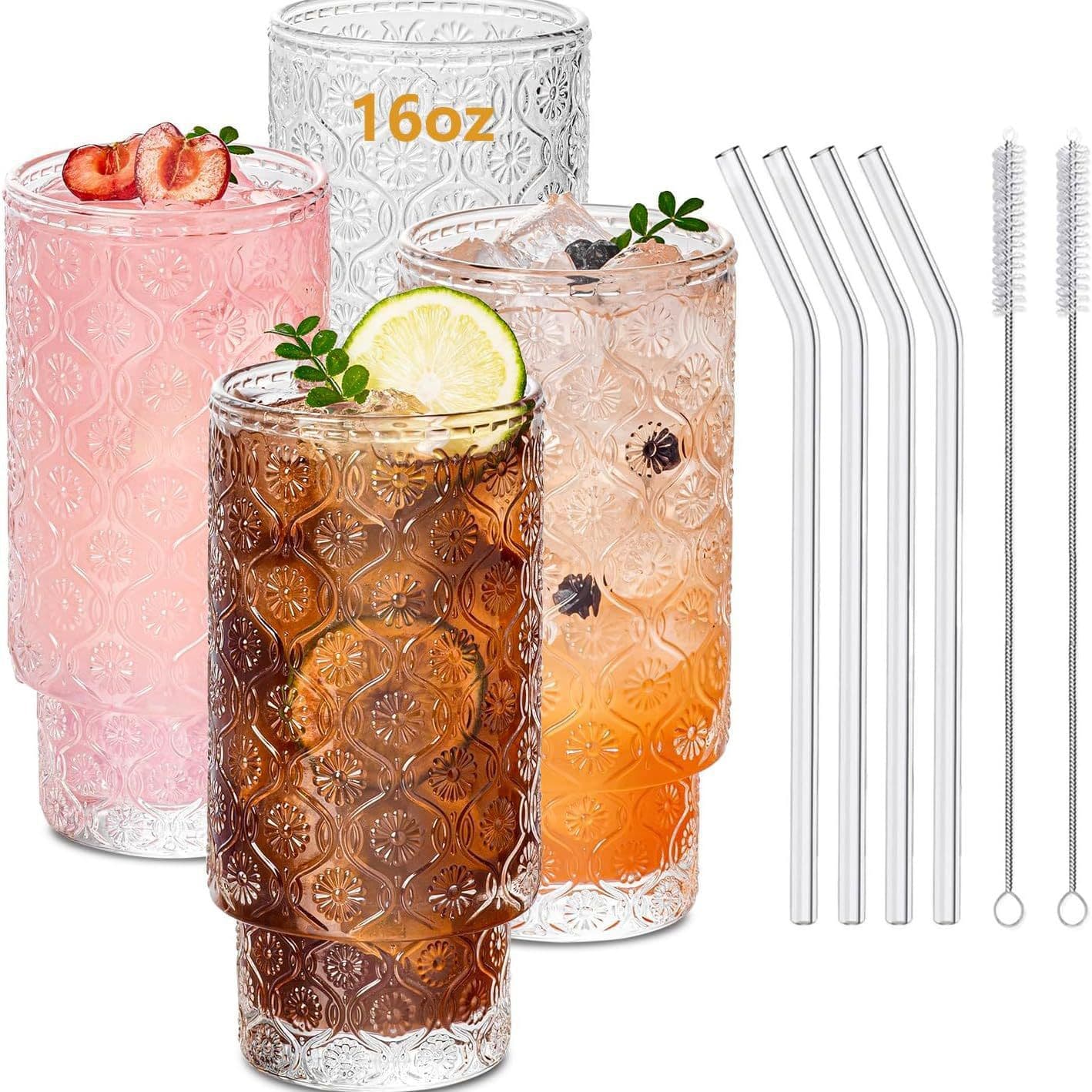 Amazon 16oz vertical stripe stacking glass cup, beverage cup with lid and straw, juice cup, creative drinkware glass
