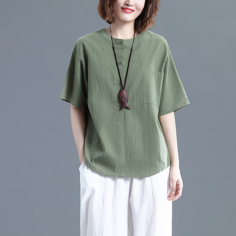 Cotton and linen women's short-sleeved summer literary large size loose slimming solid color casual versatile cotton shirt tops for women