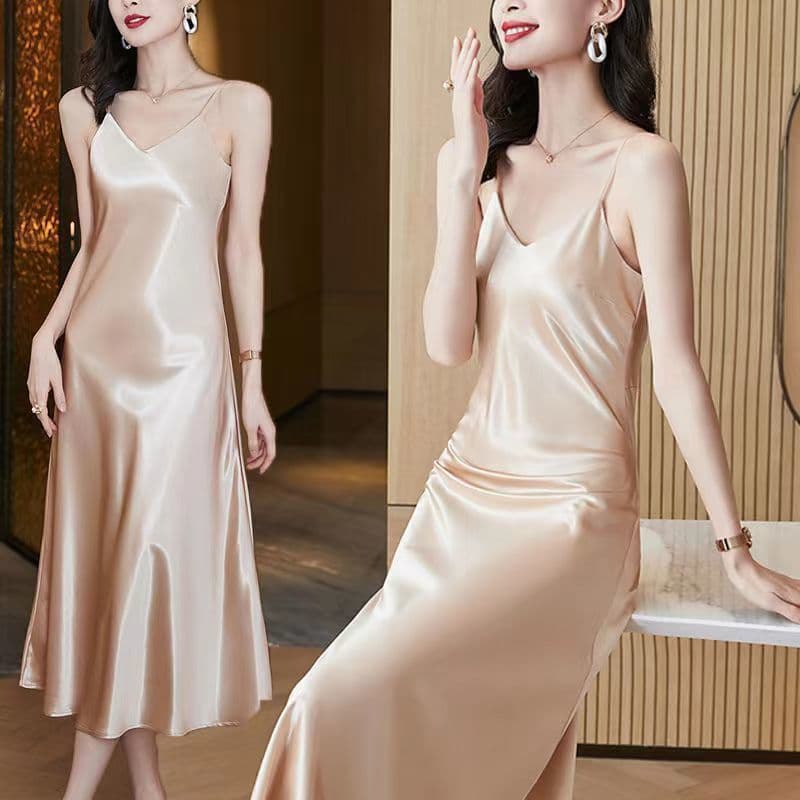 French-style faux acetate spring/summer satin V-neck slip dress, women's celebrity gown long dress