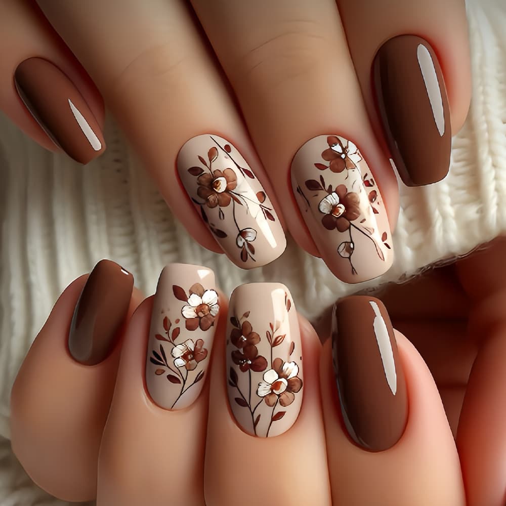 Cross-border hot-selling Chinese manicure autumn and winter brown whitening wearable nails coffee-colored flowers high-end manicure fake nails nails