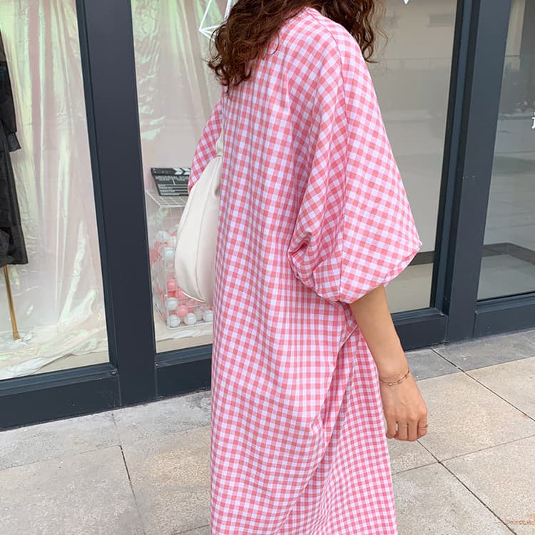 Korean Chic Autumn/Winter Style Loose V-Neck Drop Shoulder Lantern Sleeve Plaid Long Dress for Women